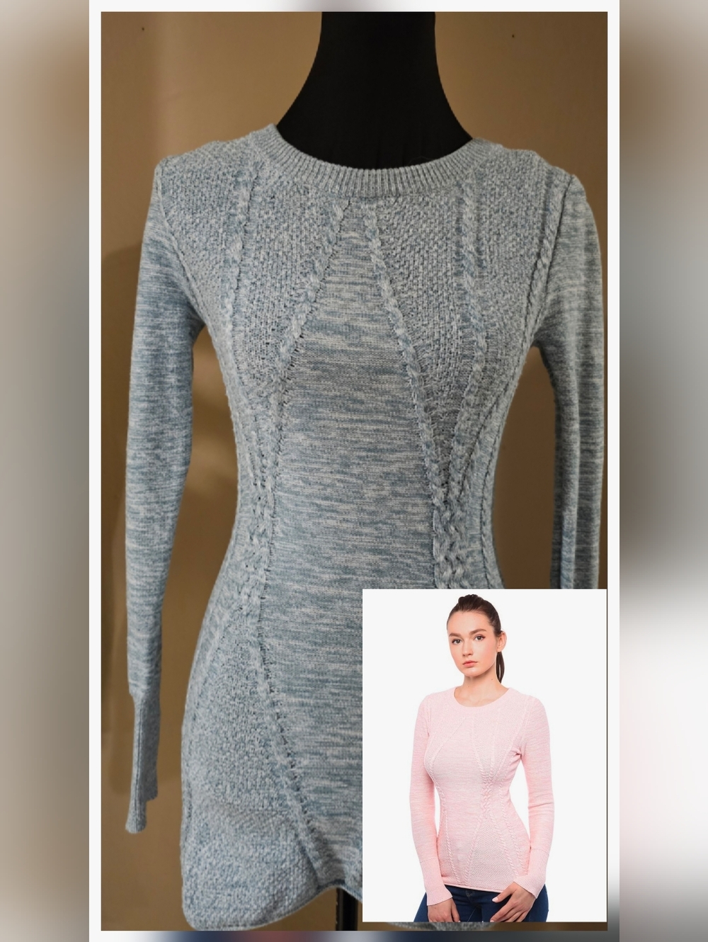 PattyBoutik Women Cotton Blend Crewneck Cable Knit Pullover Sweater Light Aqua